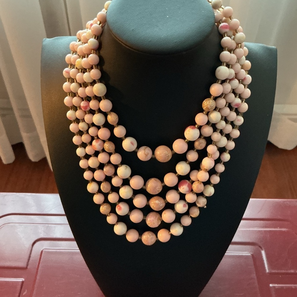 Pink Opaque Confetti Bead Multi-Strand Vintage Silver Tone Necklace